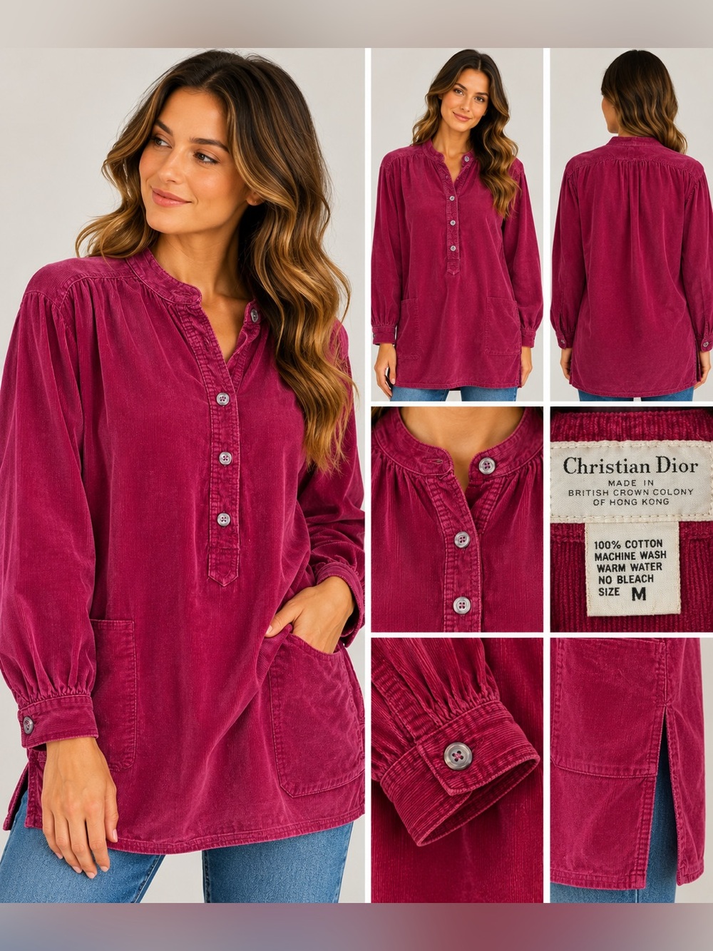 Vintage Christian Dior Corduroy Tunic Top Magenta Pink 100% Cotton Size M